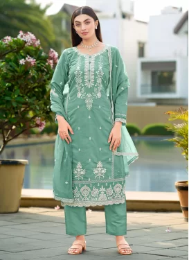 Viscose Embroidered Work Readymade Salwar Suit in Sea Green