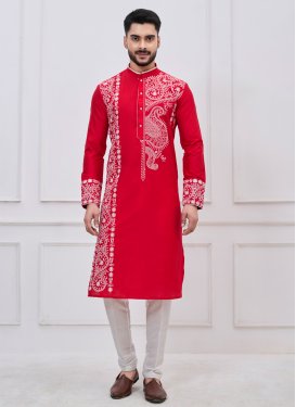 Viscose Kurta Pajama in Red and White with Embroidered Work for Festival