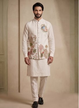 Viscose Kurta Pajama With Jacket in Beige and Off White with Embroidered Work for Men