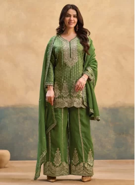 Viscose Palazzo Suit with Embroidered Work for Women in Green
