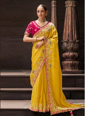 Viscose Traditional Saree with Embroidered Work for Women in Mustard