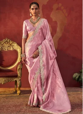 Viscose Traditional Saree with Embroidered Work for Women in Pink