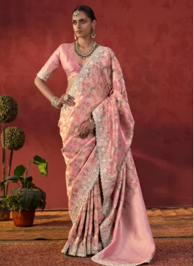 Viscose Traditional Saree with Embroidered Work in Pink for Festival