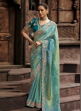 Viscose Trendy Saree with Embroidered Work in Firozi and Sea Green