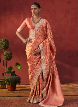 Viscose Trendy Saree with Embroidered Work in Orange