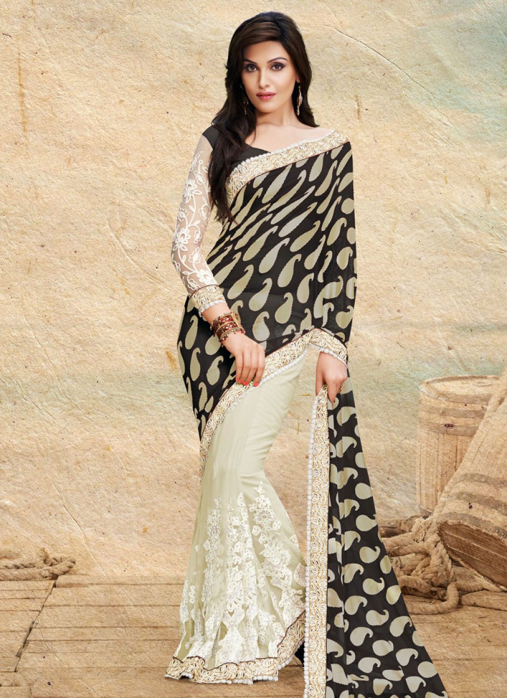 Off White Black Half Sari - Saree Blouse Patterns