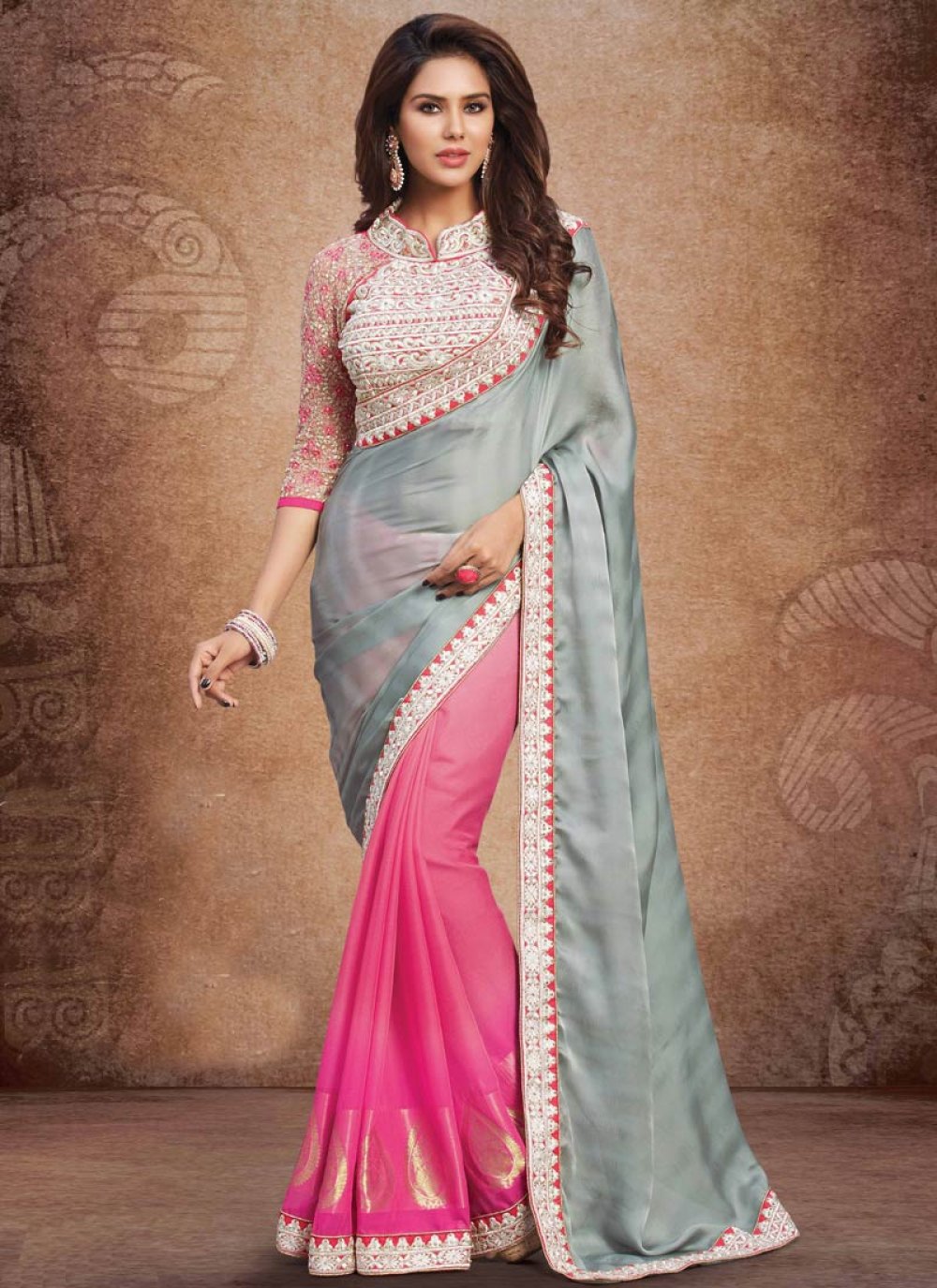 Embellished Satin Chiffon Saree in Light Green : SPF9170