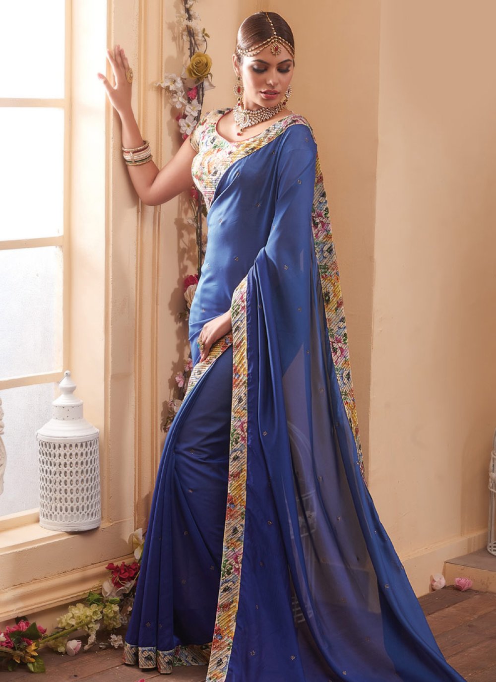 On Trend Navy Blue Banarasi Silk Printed Saree|SARV114690