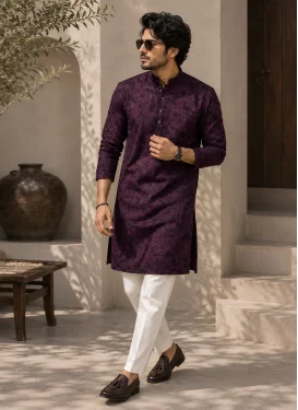 White and Wine Fancy Fabric Chicken Work Kurta Pajama for Men