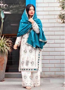 White Chinon Embroidered Work Palazzo Suit for Women