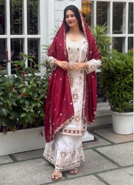 White Chinon Embroidered Work Palazzo Suit for Women