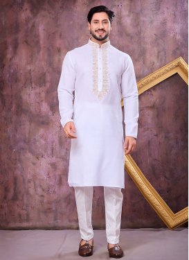 White Cotton Silk Embroidered Work Kurta Pajama for Men
