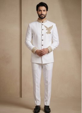 White Fancy Fabric Jodhpuri Suit with Beads Work for Festival