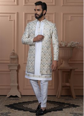White Silk Embroidered Work Indo Western for Men