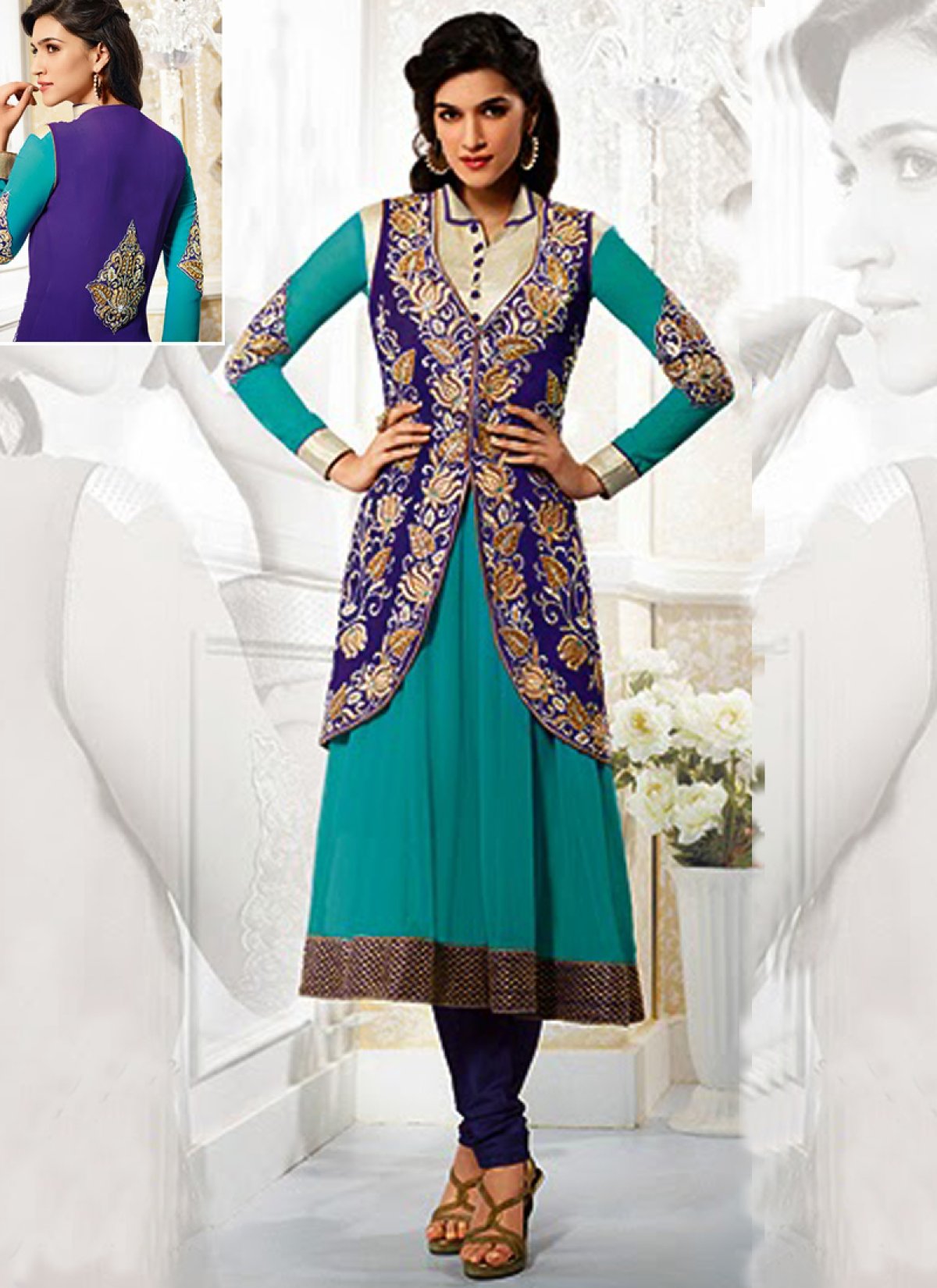 Winsome Booti Work Jacket Style Churidar Salwar Kameez