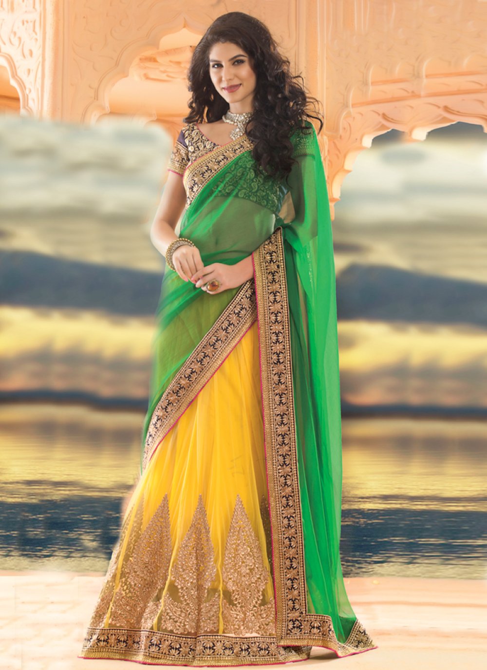 Georgette Lehenga Saree in Yellow Enhanced with Embroidered