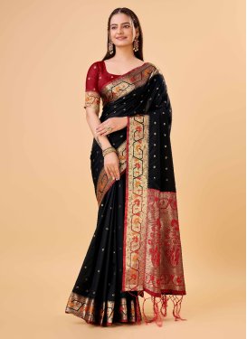 Woven Work Art Silk Black and Red Trendy Classic Saree