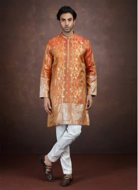 Woven Work Art Silk Kurta Pajama in Off White and Orange for Party