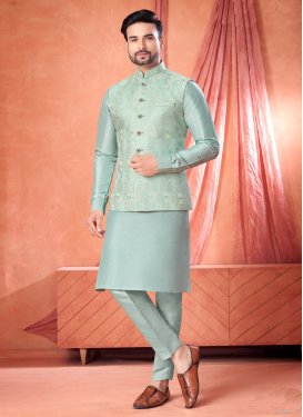 Woven Work Art Silk Kurta Pajama With Jacket in Aqua Blue for Festival