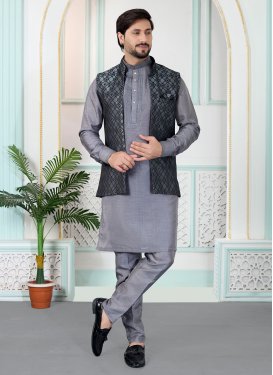 Woven Work Art Silk Kurta Pajama With Jacket in Black and Grey for Men