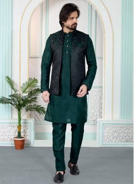 Woven Work Art Silk Kurta Pajama With Jacket in Green for Festival