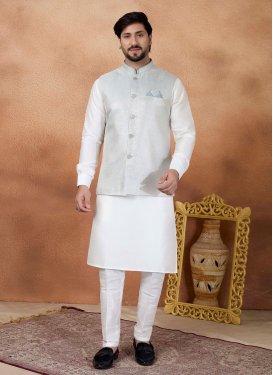 Woven Work Art Silk Kurta Pajama With Jacket in Light Blue and White for Men