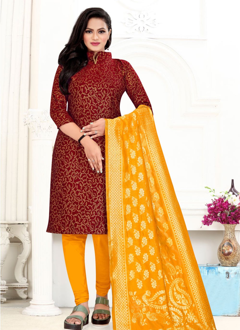 Woven Work Art Silk Maroon and Mustard Trendy Churidar Salwar Suit