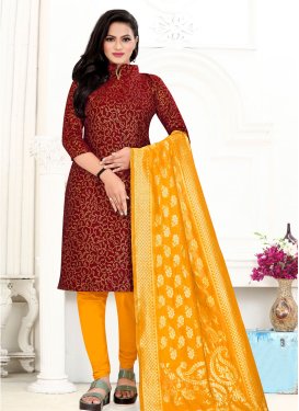 Woven Work Art Silk Maroon and Mustard Trendy Churidar Salwar Suit