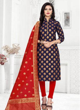Woven Work Art Silk Navy Blue and Red Trendy Churidar Suit