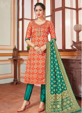 Woven Work Art Silk Orange and Sea Green Pant Style Straight Salwar Suit