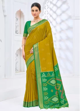 Woven Work Art Silk Traditional Saree in Green and Mustard for Ceremonial