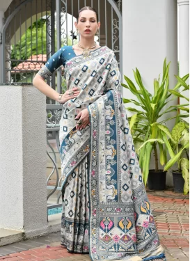 Woven Work Banarasi Silk Traditional Saree in Off White and Teal for Women