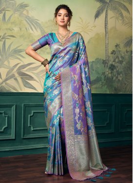 Woven Work Banarasi Silk Trendy Saree in Light Blue for Women