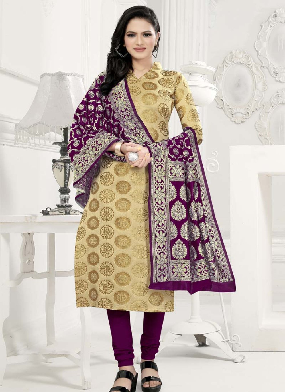 Woven Work Beige and Purple Cotton Silk Trendy Salwar Suit