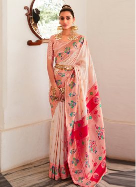 Woven Work Beige and Salmon Traditional Designer Saree