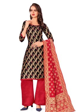 Woven Work Black and Red Art Silk Designer Palazzo Salwar Suit