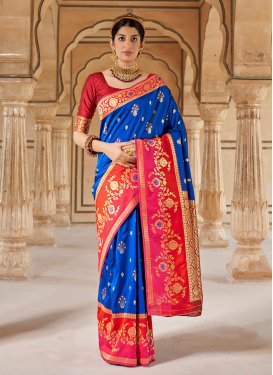 Woven Work Blue and Red Designer Contemporary Style Saree