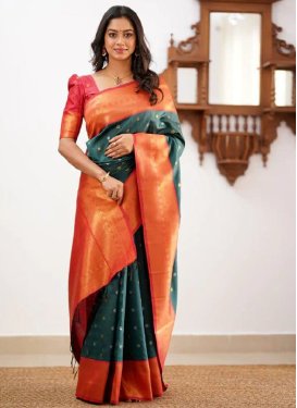 Woven Work Bottle Green and Orange Trendy Classic Saree