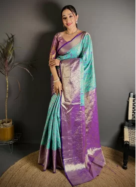 Woven Work Classic Saree For Ceremonial in Aqua Blue and Violet