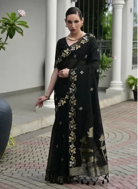 Woven Work Classic Saree For Festival in Black