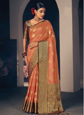 Woven Work Coral and Maroon Designer Contemporary Style Saree