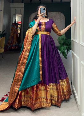 Woven Work Cotton Blend Purple and Teal Readymade Floor Length Gown