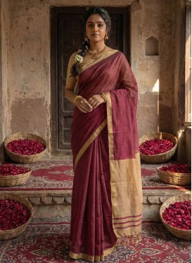 Woven Work Cotton Classic Saree in Beige and Maroon for Women