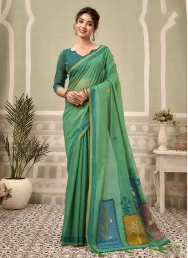 Woven Work Cotton Classic Saree in Green for Women