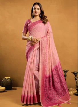 Woven Work Cotton Classic Saree in Rose Pink and Salmon for Ceremonial