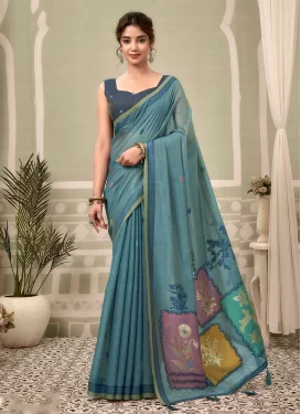 Woven Work Cotton Classic Saree in Teal for Women