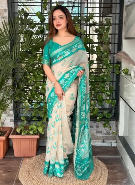Woven Work Cotton Silk Classic Saree in Aqua Blue and Off White for Women