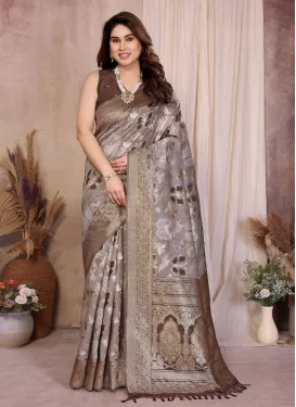Woven Work Cotton Silk Classic Saree in Brown and Grey for Ceremonial