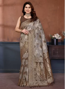 Woven Work Cotton Silk Classic Saree in Brown and Grey for Women