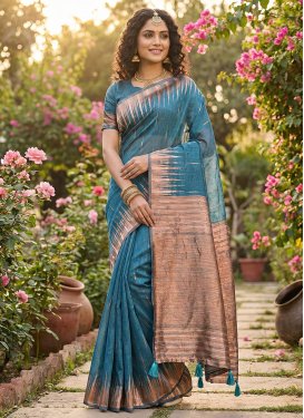 Woven Work Cotton Silk Classic Saree in Teal for Women